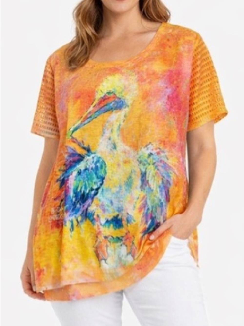 Leoma Lovegrove Pelican Art Top XXXL  Orange Pink Sheer Hem Short Sleeve Tee